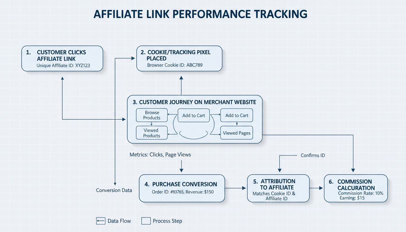 Diagrama de flujo del seguimiento de enlaces de afiliado que muestra el recorrido del cliente desde el clic hasta la comisión