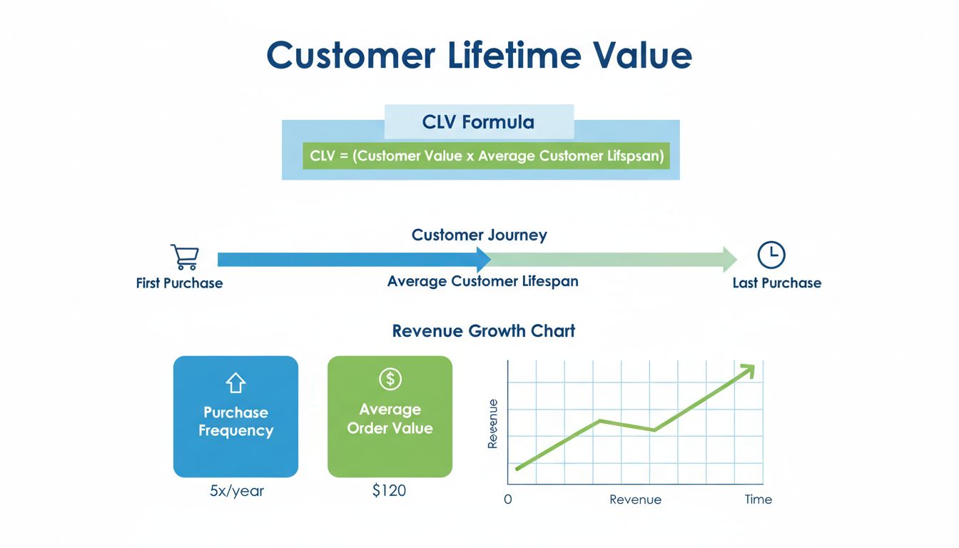 Infografía de fórmula y métricas de cálculo del valor de vida del cliente mostrando la fórmula de CLV, la línea de tiempo del recorrido del cliente y los indicadores clave de rendimiento
