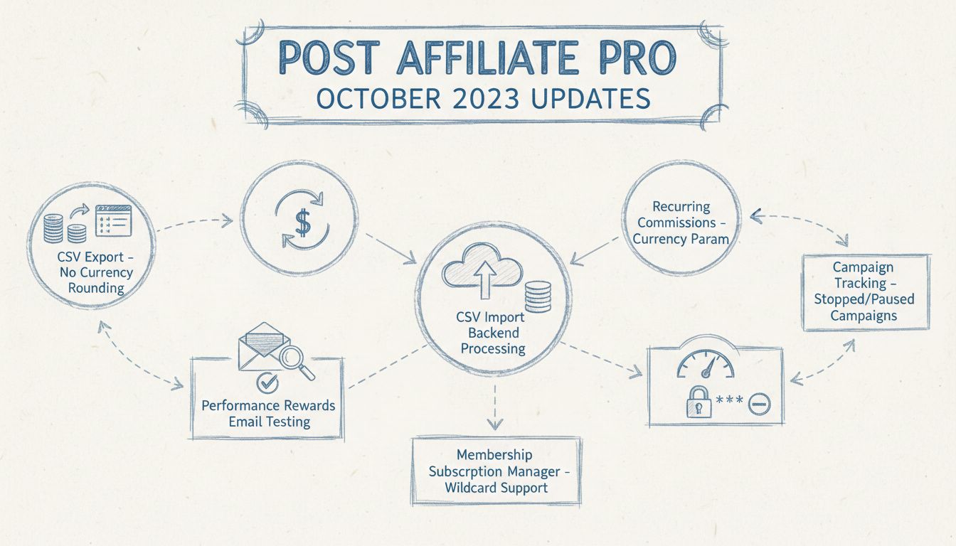 Diagrama de las actualizaciones de octubre de 2023 de Post Affiliate Pro, mostrando exportación CSV, Recompensas por Rendimiento, comisiones recurrentes, imágenes de perfil y características de seguimiento de campañas