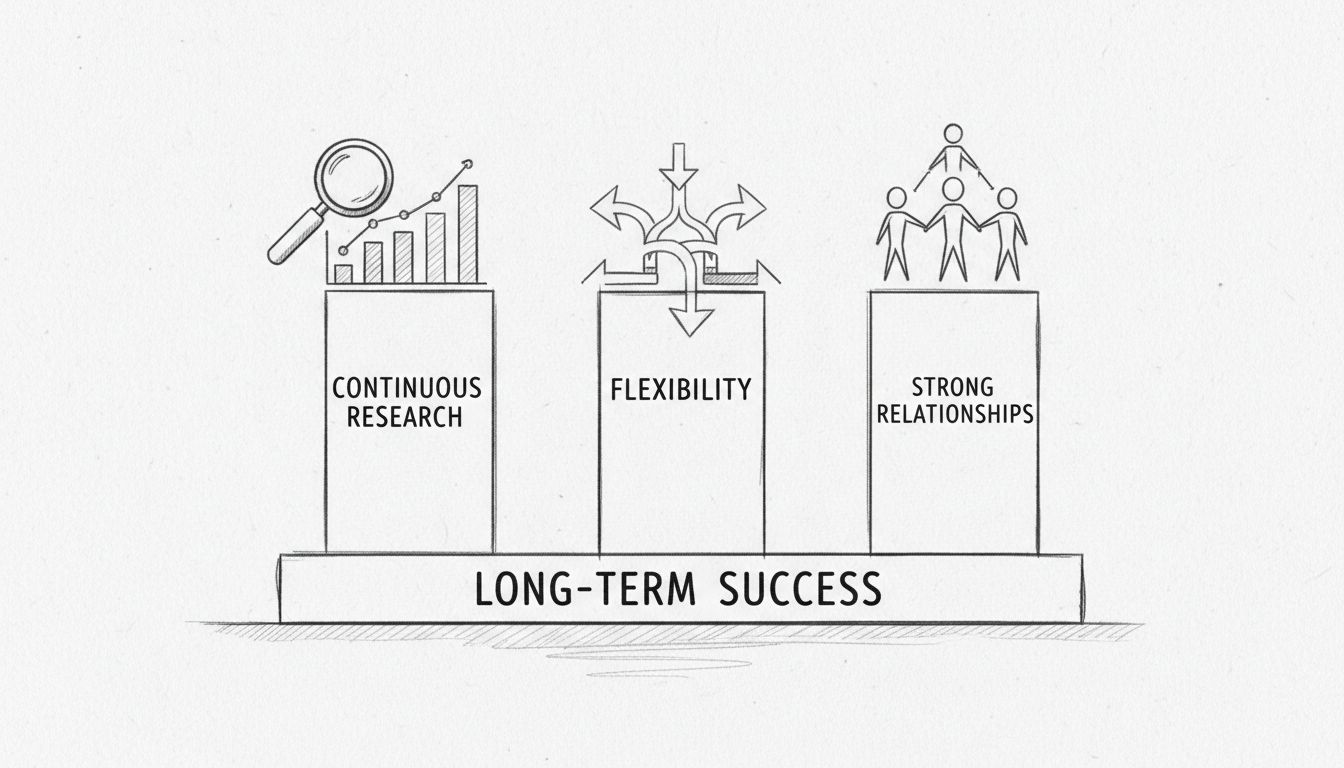 Tres pilares del éxito en el marketing de afiliados: Investigación continua, flexibilidad y relaciones sólidas que sustentan el éxito a largo plazo