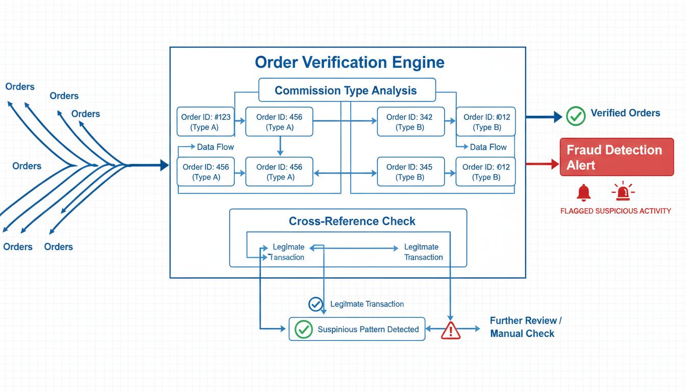 Diagrama de flujo del sistema de verificación cruzada de protección contra fraudes mostrando el motor de verificación de pedidos con análisis de tipo de comisión y alertas de detección de fraude