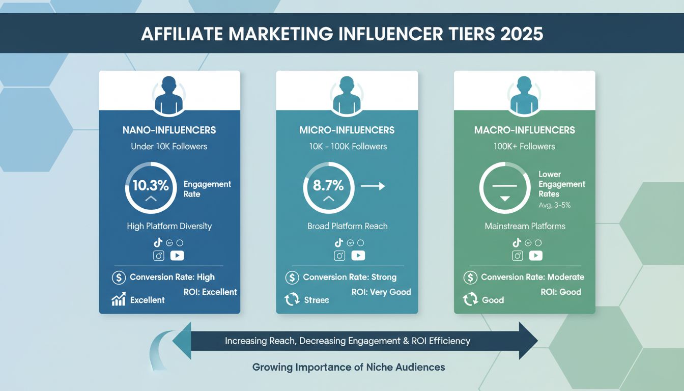 Infografía comparando tasas de engagement y métricas de ROI entre nano, micro y macro influencers para marketing de afiliados