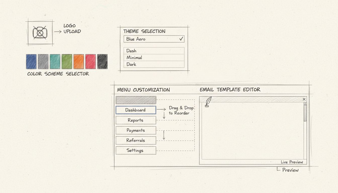 Diagrama a mano alzada que muestra opciones de personalización en la plataforma de afiliados, incluyendo subida de logotipo, selector de esquema de colores, selección de tema, personalización de menús y editor de plantillas de correo electrónico