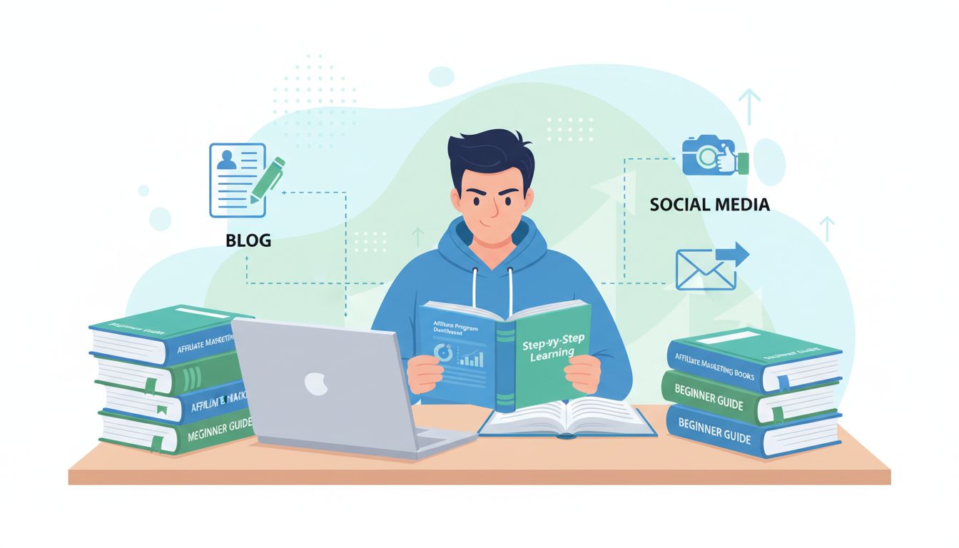Afiliado principiante aprendiendo de libros y recursos en el escritorio con computadora portátil y materiales de marketing de afiliados