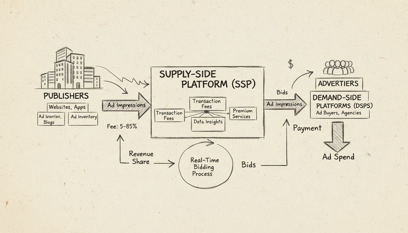 Diagrama a mano alzada que muestra el flujo de ingresos de una SSP entre editores, la plataforma SSP y anunciantes con porcentajes de comisiones