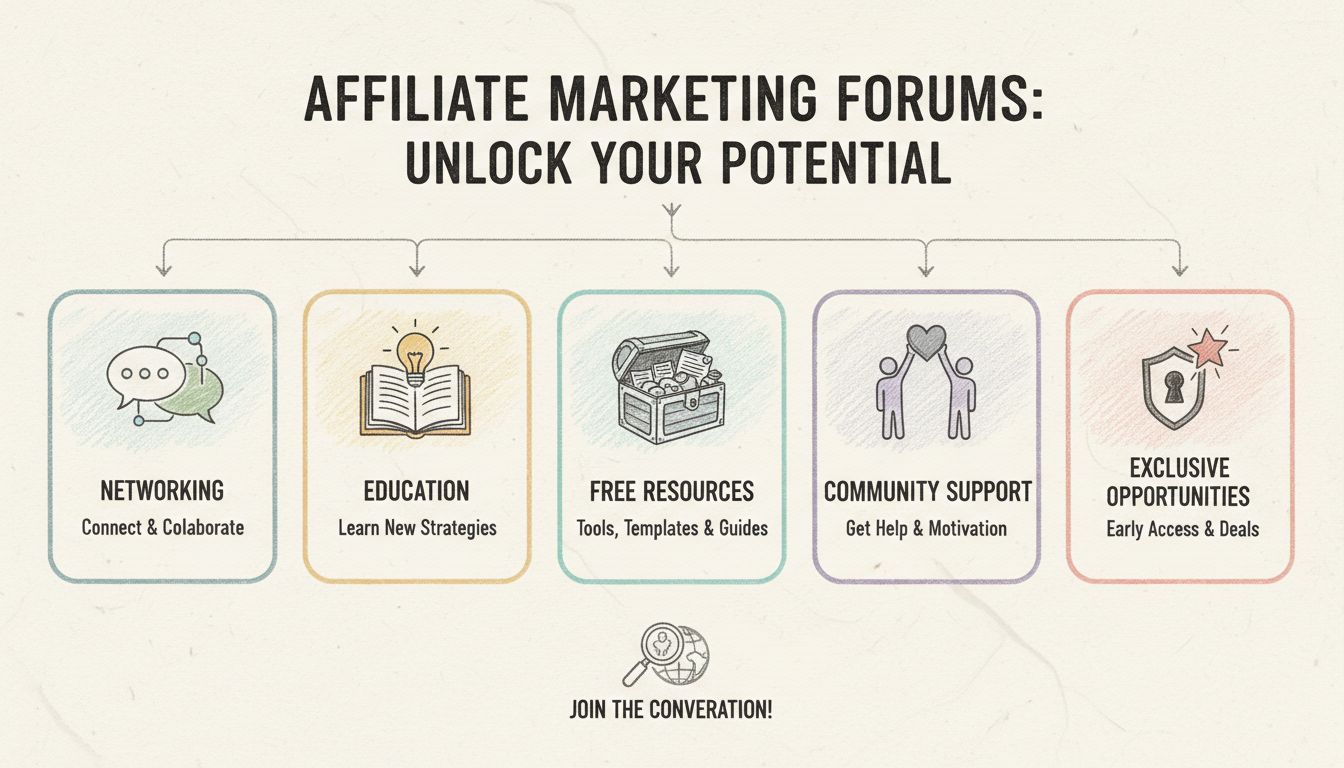 Infografía mostrando los beneficios de los foros de marketing de afiliados, incluyendo networking, educación, recursos, apoyo comunitario y oportunidades exclusivas