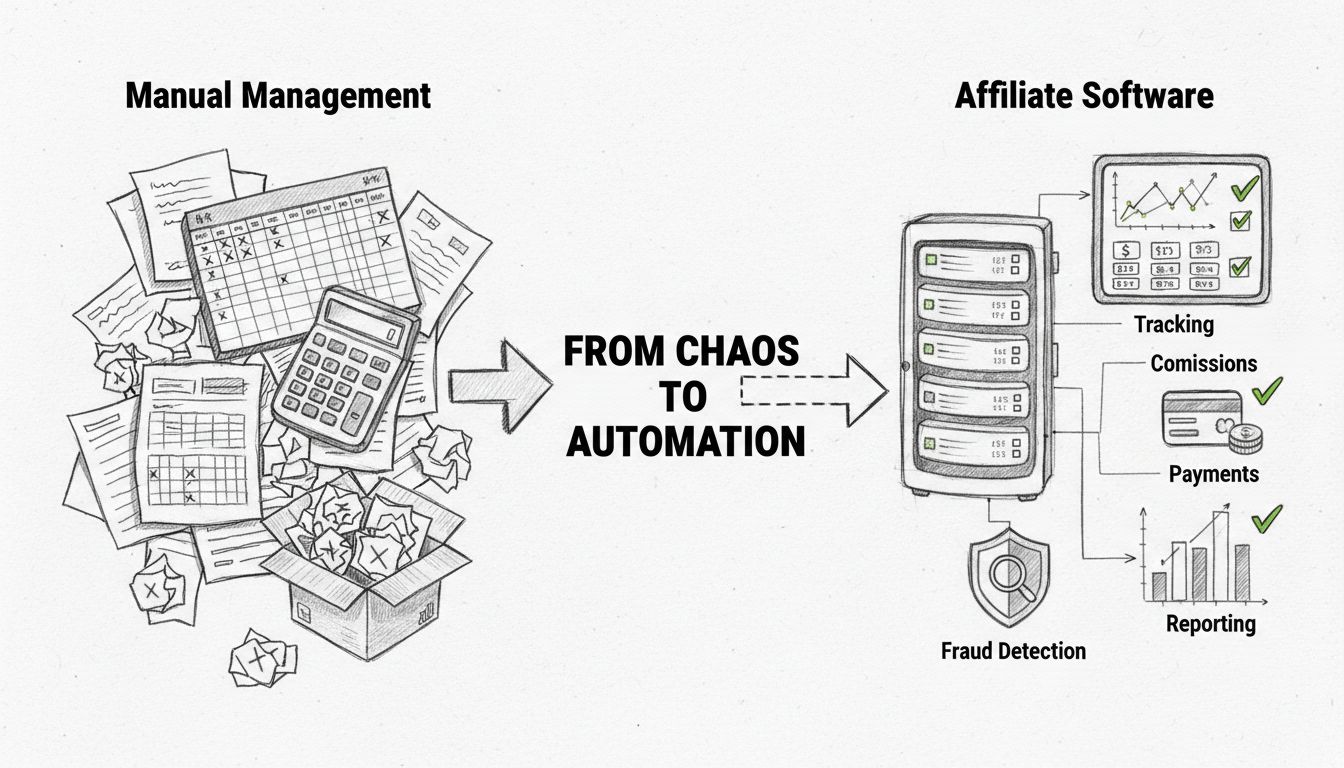 Diagrama comparativo que muestra la gestión manual de afiliados con hojas de cálculo y errores versus un software de afiliados automatizado con seguimiento, comisiones, detección de fraude y pagos