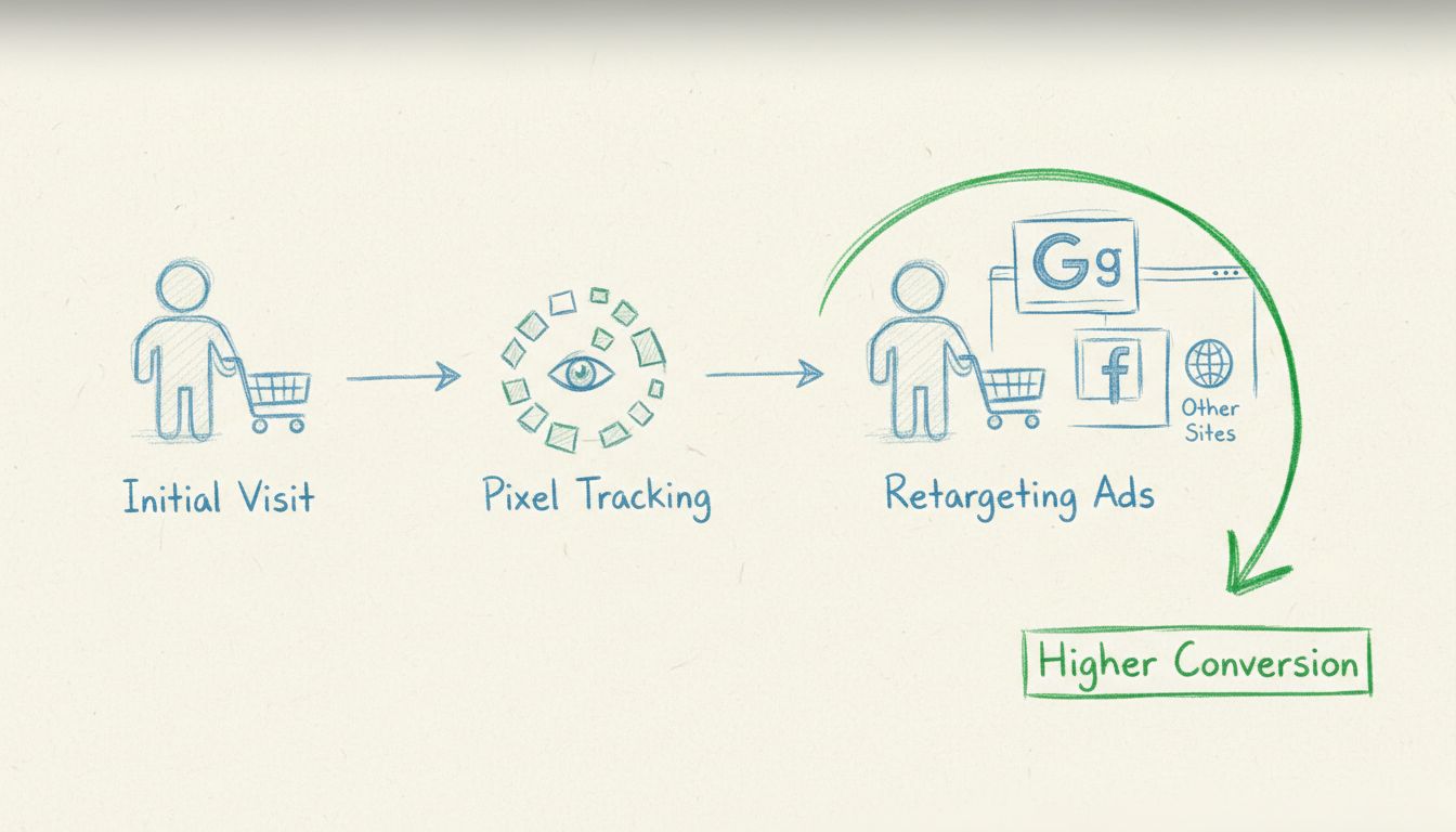 Diagrama del flujo del embudo de retargeting que muestra el recorrido del visitante desde la visita inicial al sitio web, el seguimiento por pixel y los anuncios de retargeting en múltiples plataformas