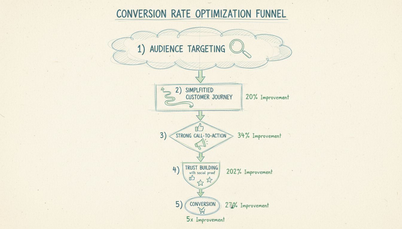 Diagrama de embudo de optimización de tasa de conversión mostrando 5 etapas: Segmentación de audiencia, Recorrido del cliente simplificado, Llamado a la acción sólido, Generación de confianza y Conversión con mejoras porcentuales