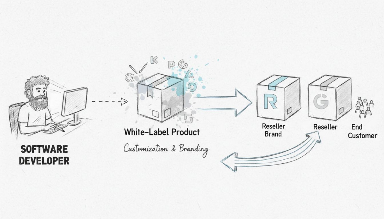 Diagrama del modelo de negocio de software white label mostrando al desarrollador creando el producto, proceso de personalización y branding, y al revendedor vendiendo bajo su propia marca