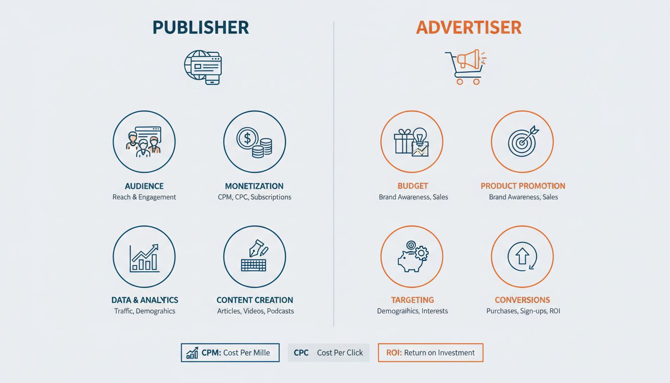 Comparison infographic showing publisher vs advertiser roles, responsibilities, and metrics