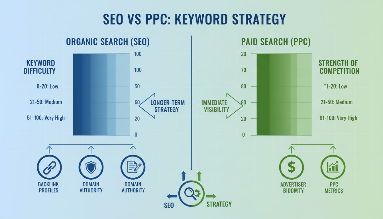 Infografía que compara dificultad de palabra clave vs fuerza de la competencia mostrando métricas de SEO orgánico a la izquierda y métricas de PPC pagado a la derecha