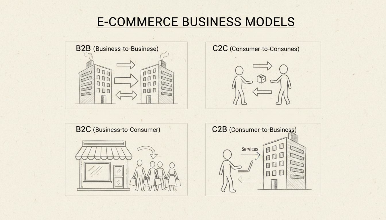 Diagrama dibujado a mano que muestra los cuatro tipos de modelos de comercio electrónico: B2B, B2C, C2C y C2B con flujos de transacción y tipos de participantes