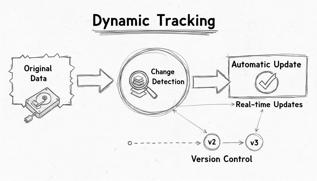 Diagrama del flujo de trabajo de seguimiento dinámico que muestra fuente de datos, detección de cambios, actualizaciones automáticas y progresión del control de versiones