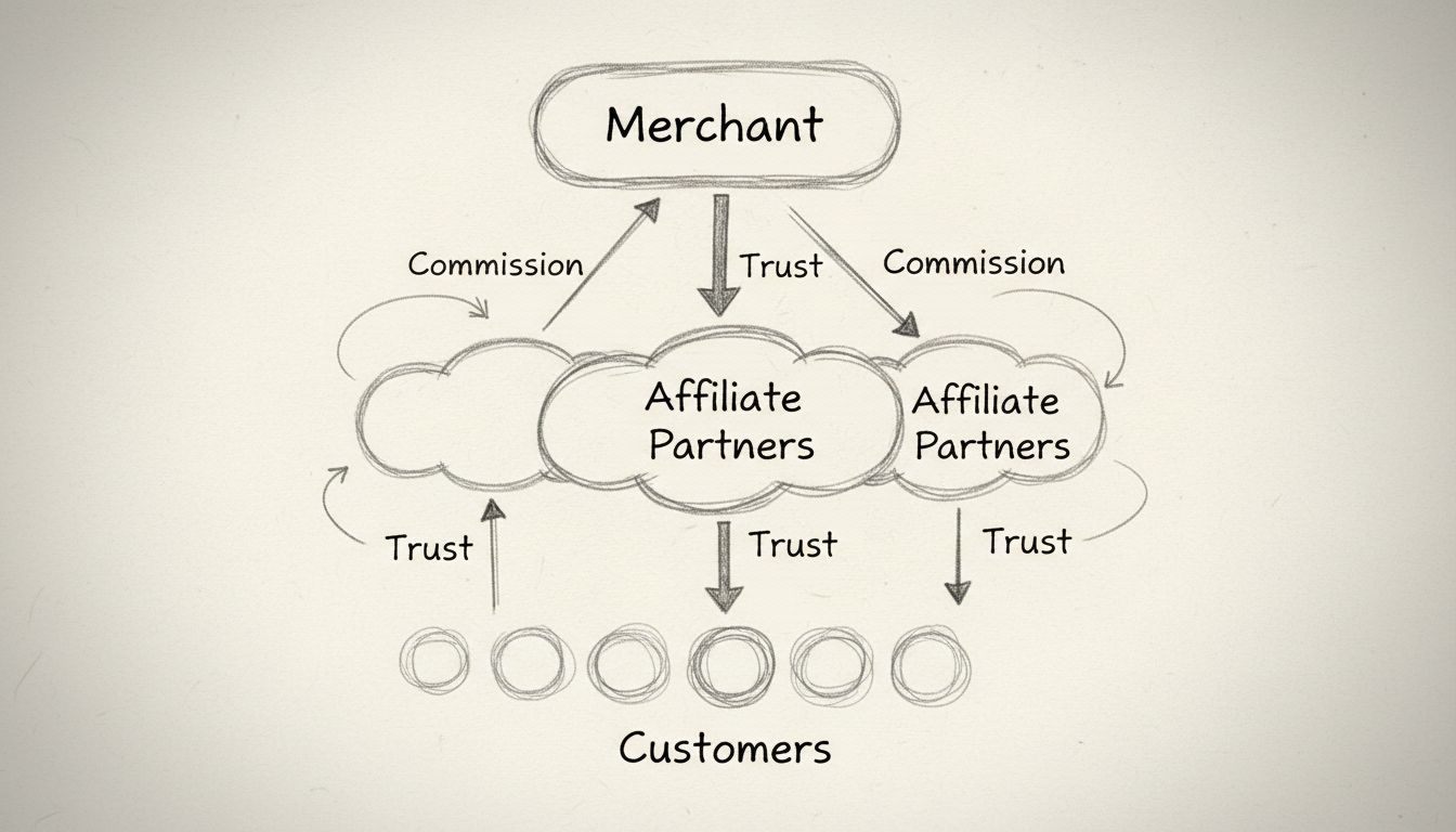 Diagrama de estructura de programa de afiliados que muestra comerciante, socios afiliados, clientes, flujo de comisiones y relaciones de confianza