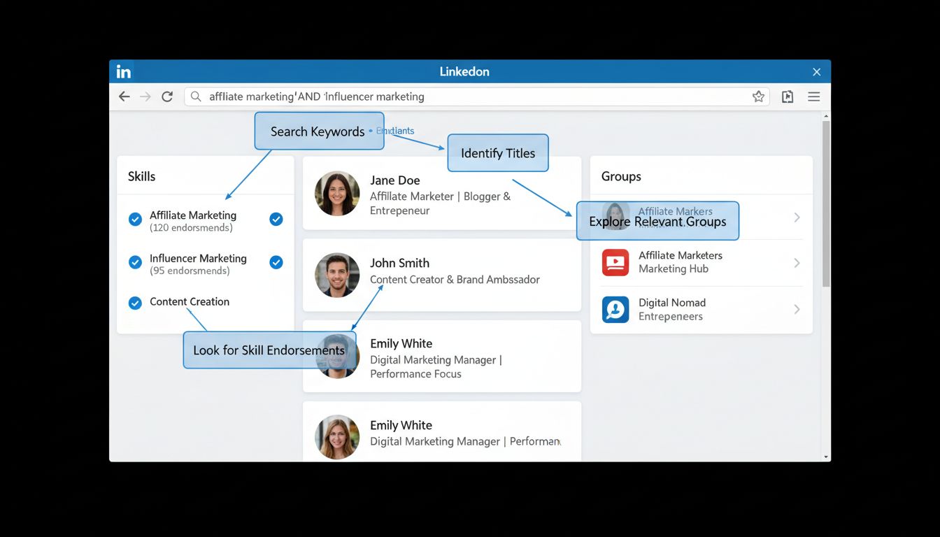 Interfaz de LinkedIn mostrando cómo buscar e identificar afiliados de marketing usando búsquedas por palabras clave, análisis de perfiles y participación en grupos