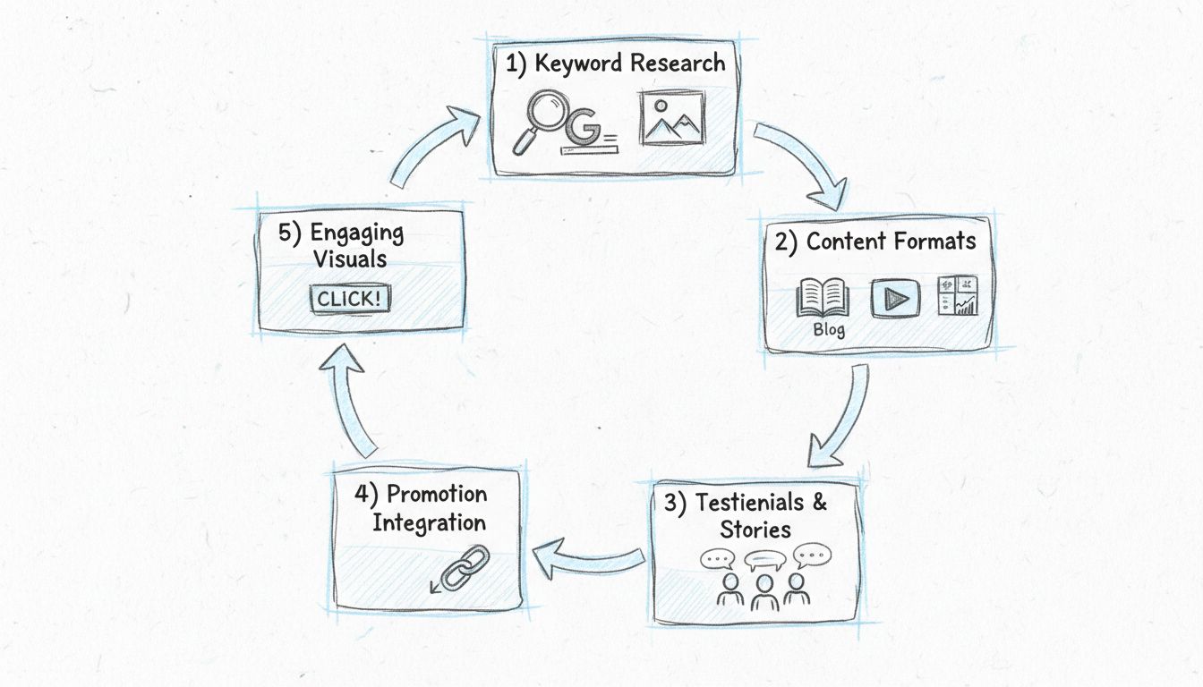 Pasos clave de una campaña de afiliados exitosa mostrando investigación de palabras clave, formatos de contenido, testimonios, integración de promociones, CTAs y elementos visuales atractivos en un diagrama circular de flujo