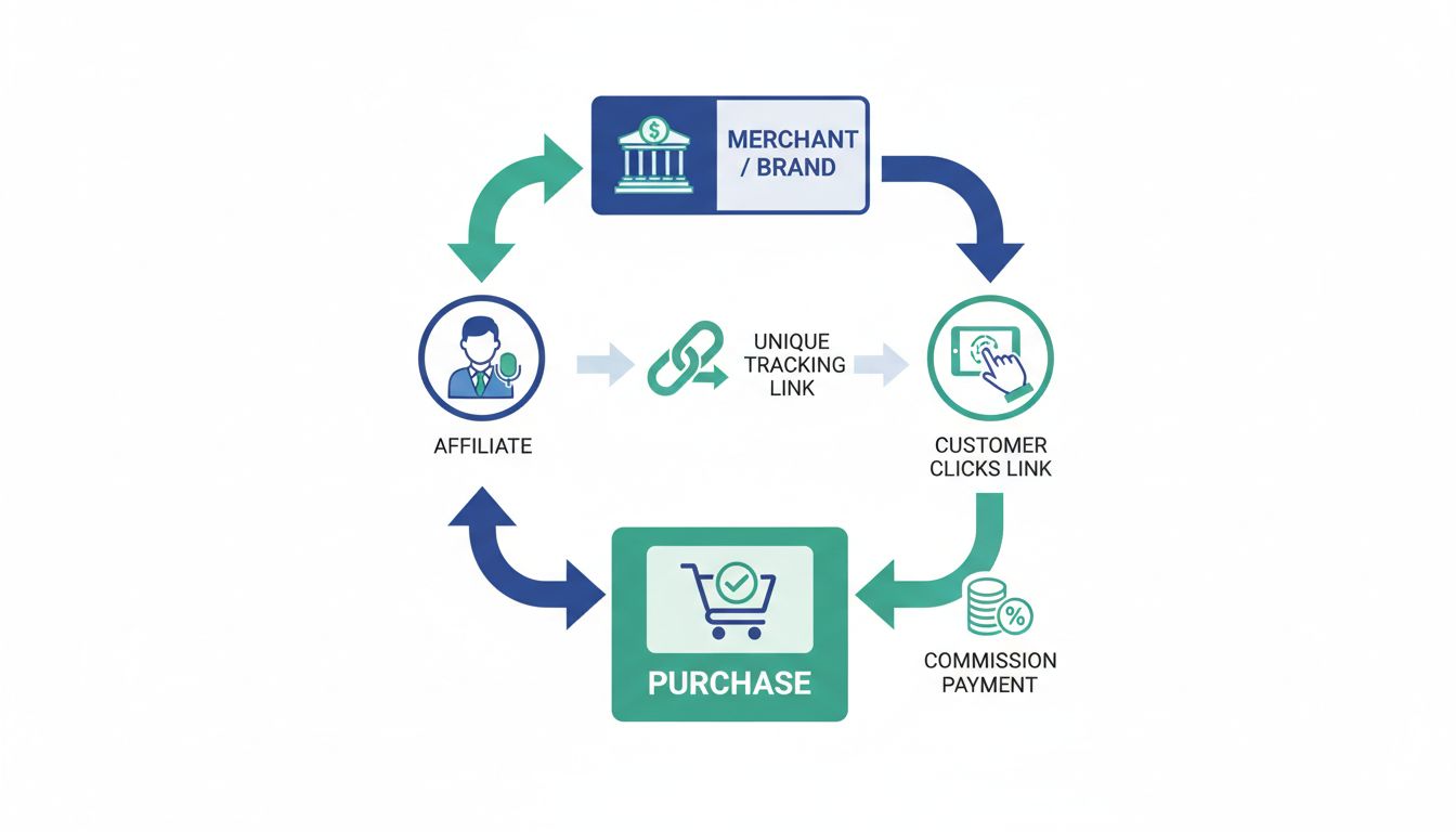 Diagrama de flujo del proceso de marketing de afiliados que muestra comercio, afiliado, cliente, enlace de seguimiento, compra y pago de comisión
