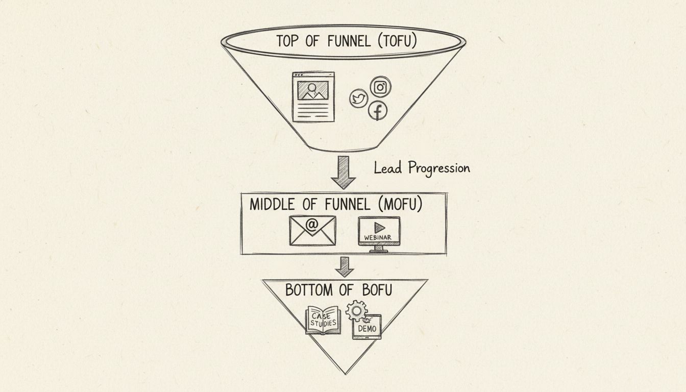 Diagrama de embudo de generación de leads mostrando las etapas TOFU, MOFU y BOFU con tipos de contenido y flechas de progresión