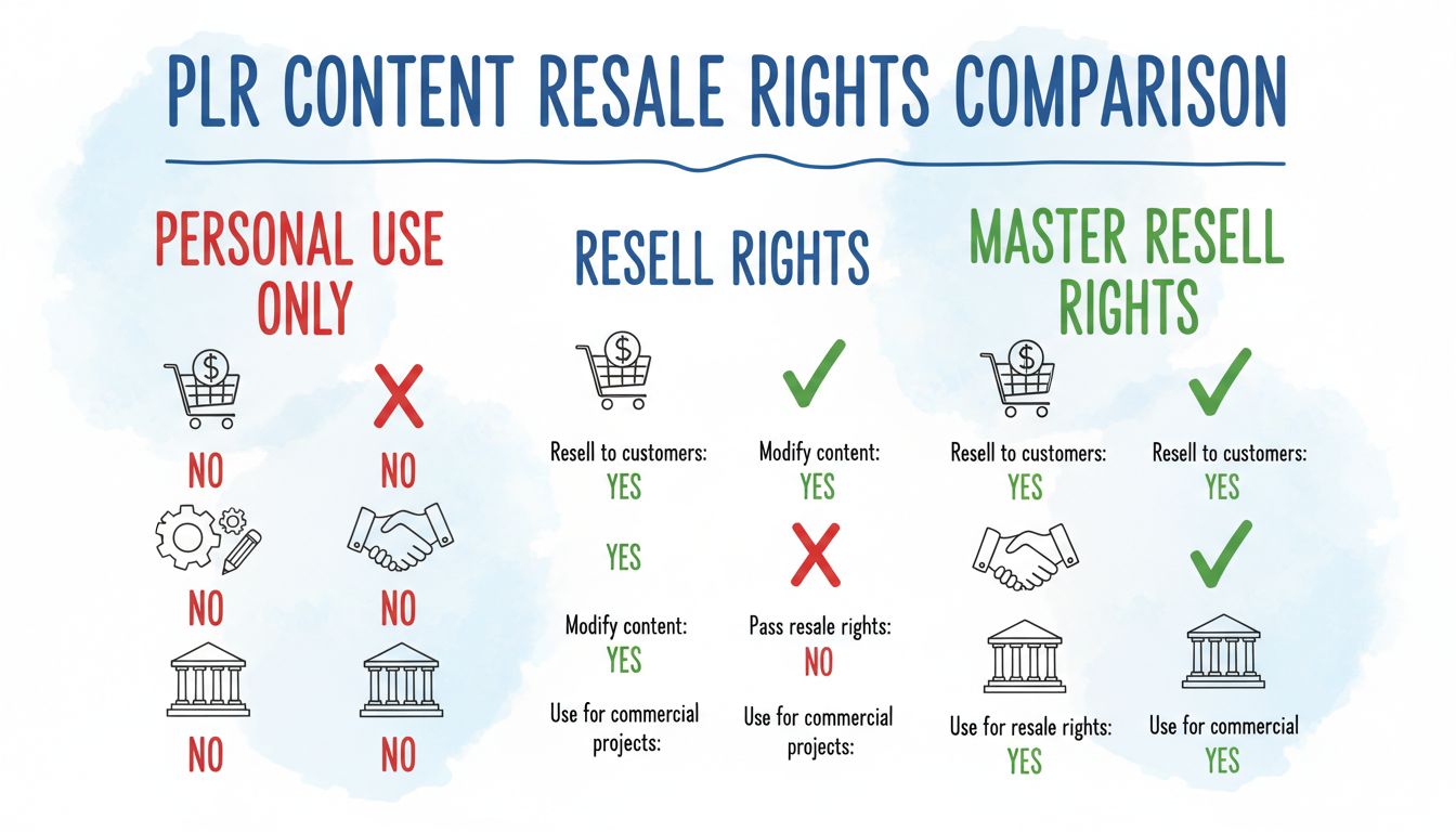 PLR Resale Rights Comparison Chart showing Personal Use Only, Resell Rights, and Master Resell Rights