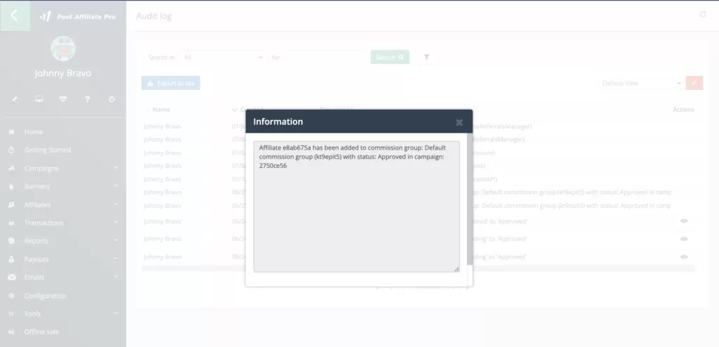 Información del registro de auditoría en Post Affiliate Pro