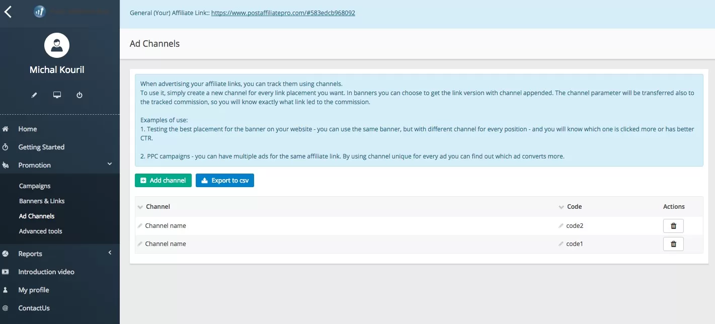Add channle tracking in Post Affiliate Pro