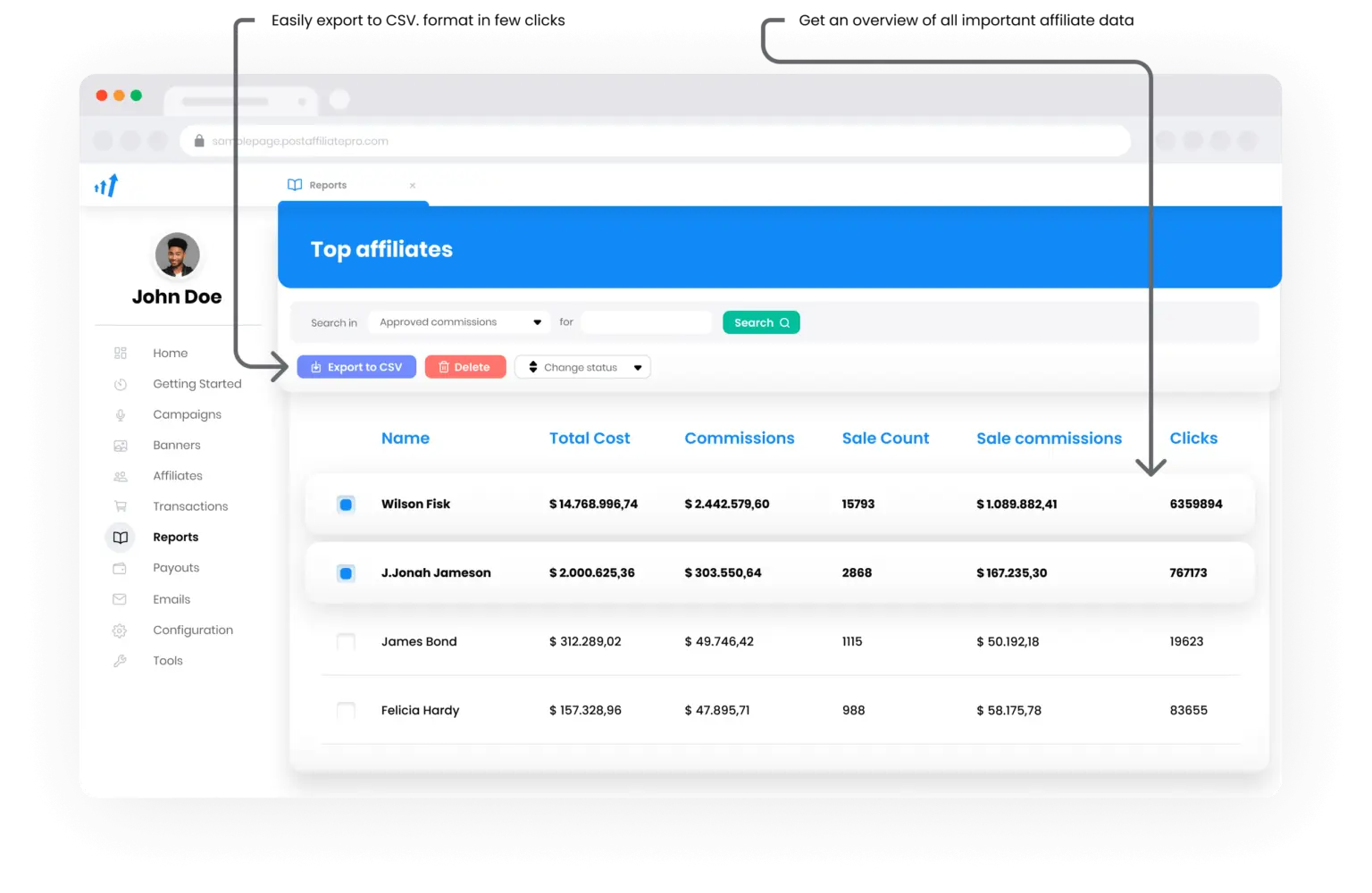 Informes de afiliados y clics en Post Affiliate Pro