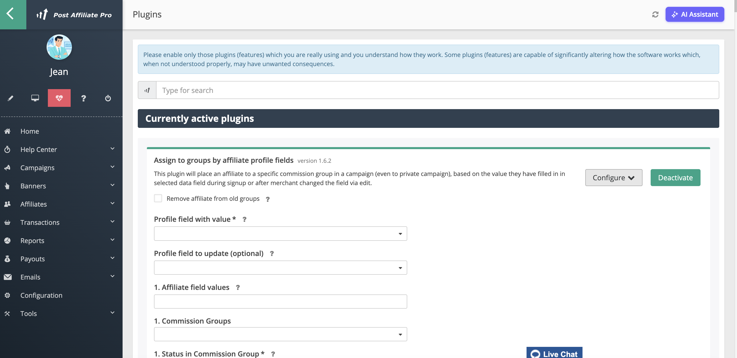 Post Affiliate Pro - Configuración del complemento Asignar a Grupos por Campos de Perfil