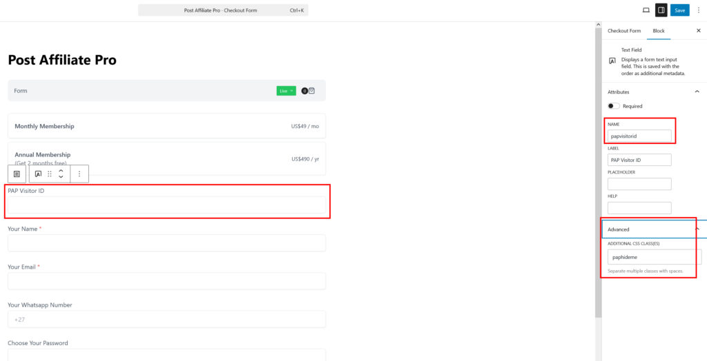 Agregar el campo papvisitorid al formulario de pago de SureCart