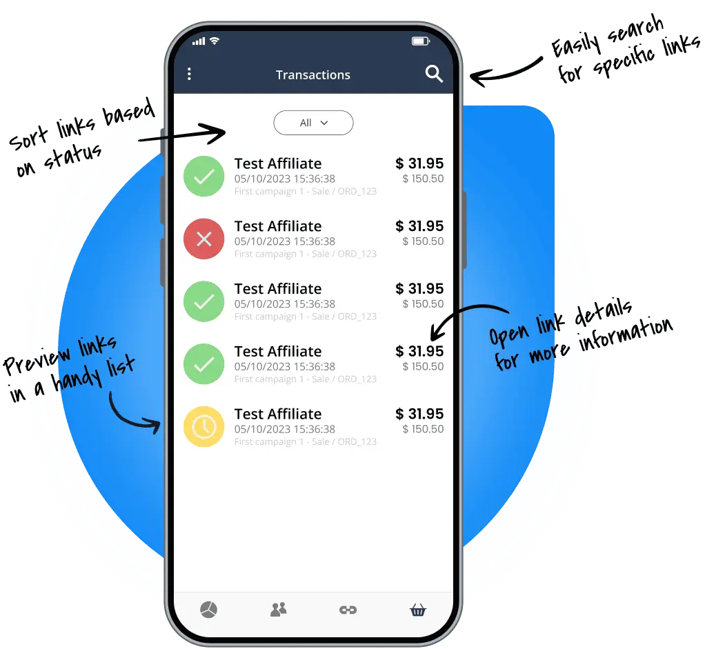 Resumen de la función de gestión de transacciones en la app móvil de Post Affiliate Pro.