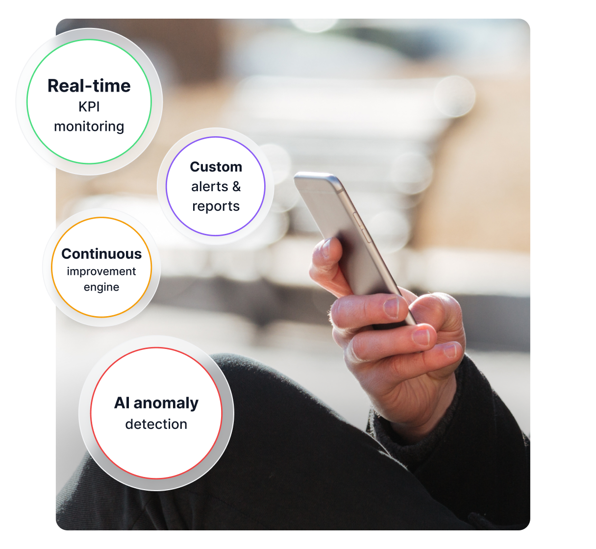 Panel de IA en un smartphone mostrando KPIs de afiliados, gráficos de tendencias y alertas de anomalías