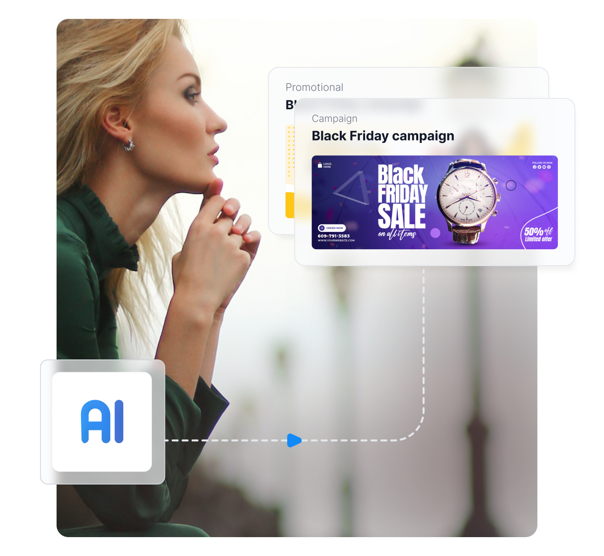 Panel de IA en un smartphone mostrando banners de afiliados y gráficos de rendimiento (CTR, conversiones)