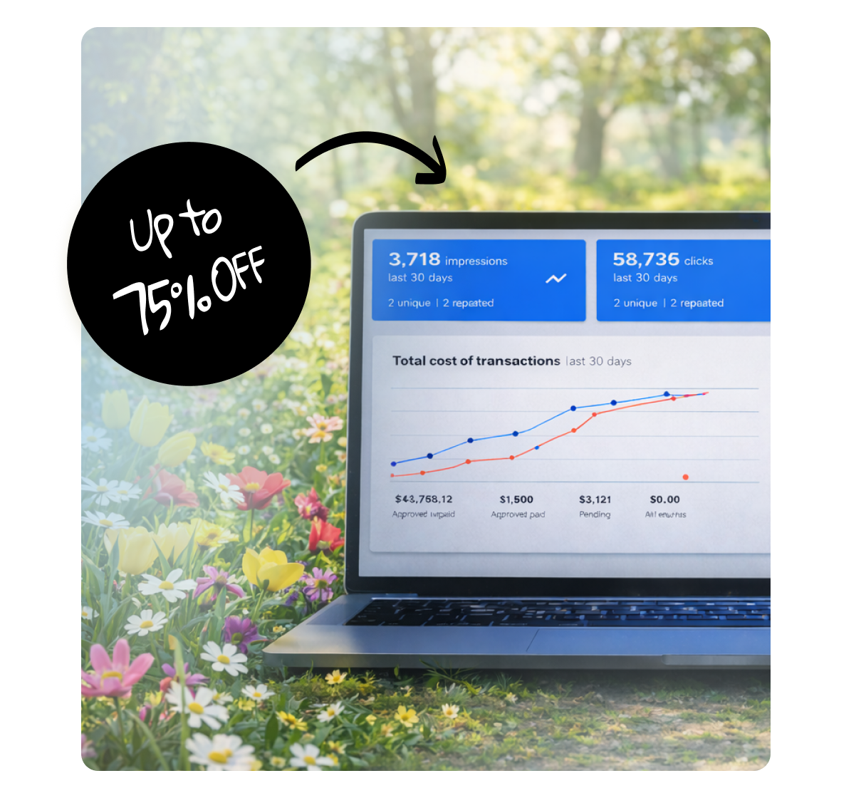 Imagen de héroe de promoción de primavera que muestra la oferta de software de programa de afiliados con 75% de descuento