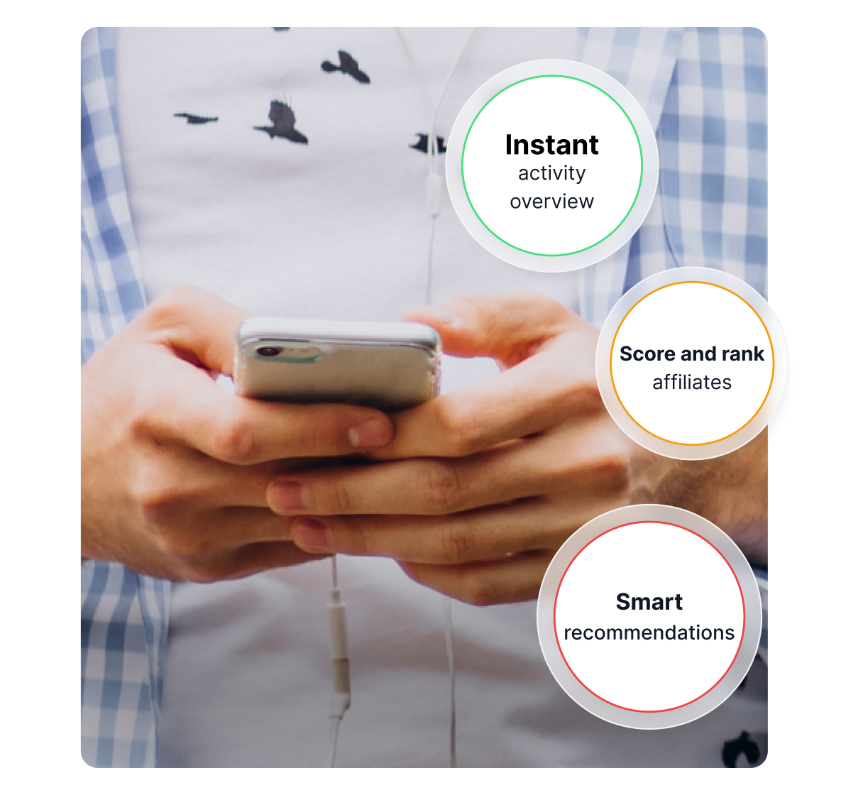 Panel de smartphone mostrando evaluación de afiliados con IA.