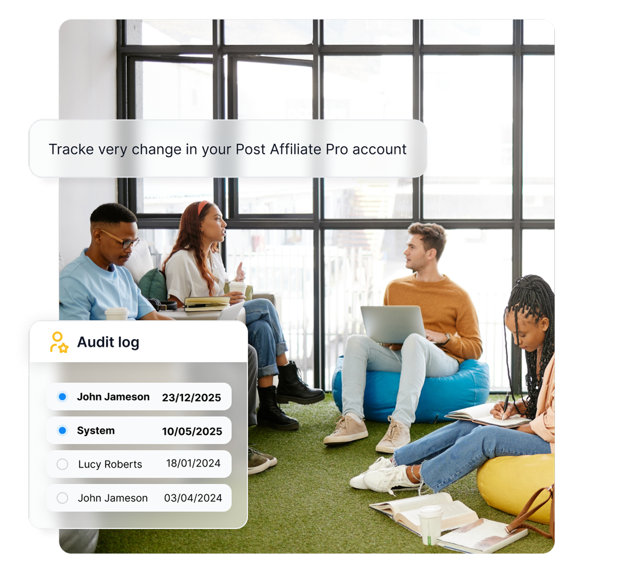 Función de registro de auditoría en Post Affiliate Pro mostrando el seguimiento detallado de actividades y transacciones de afiliados.