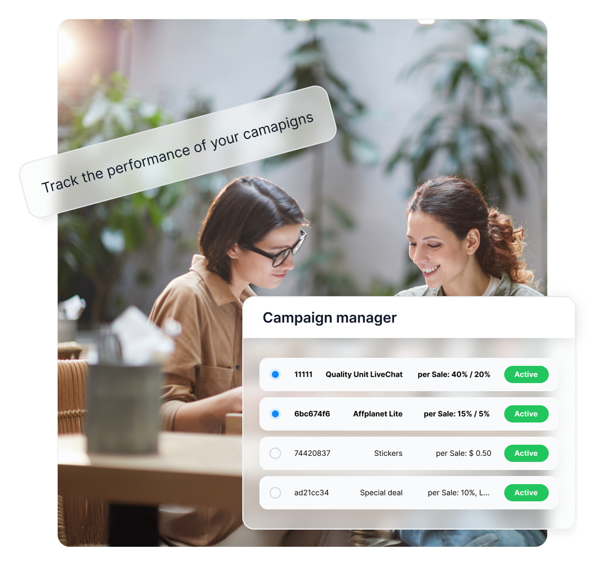 Función de informes de campañas en Post Affiliate Pro mostrando métricas de rendimiento para afiliados y materiales promocionales.