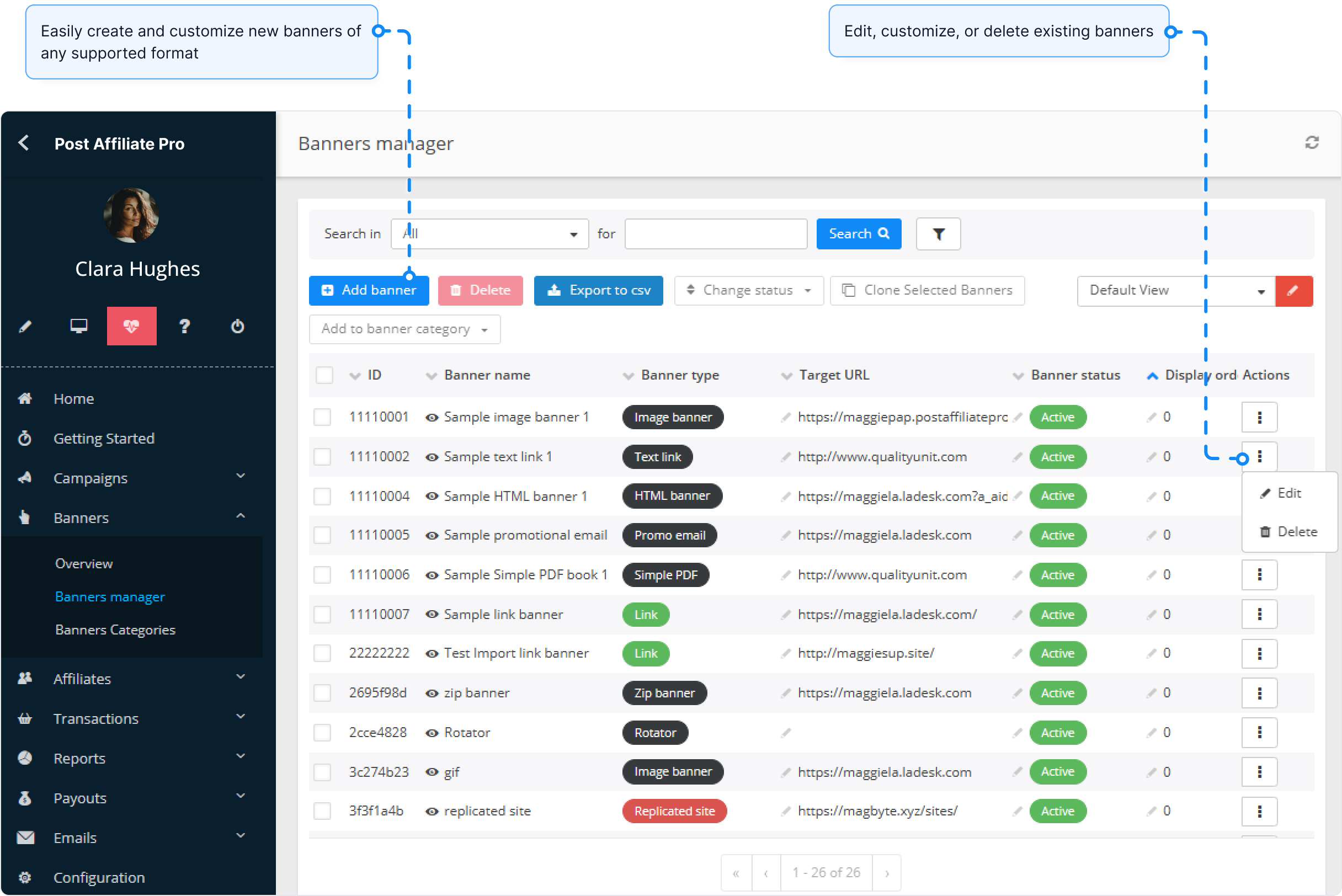 Resumen de la función Banner manager en Post Affiliate Pro.