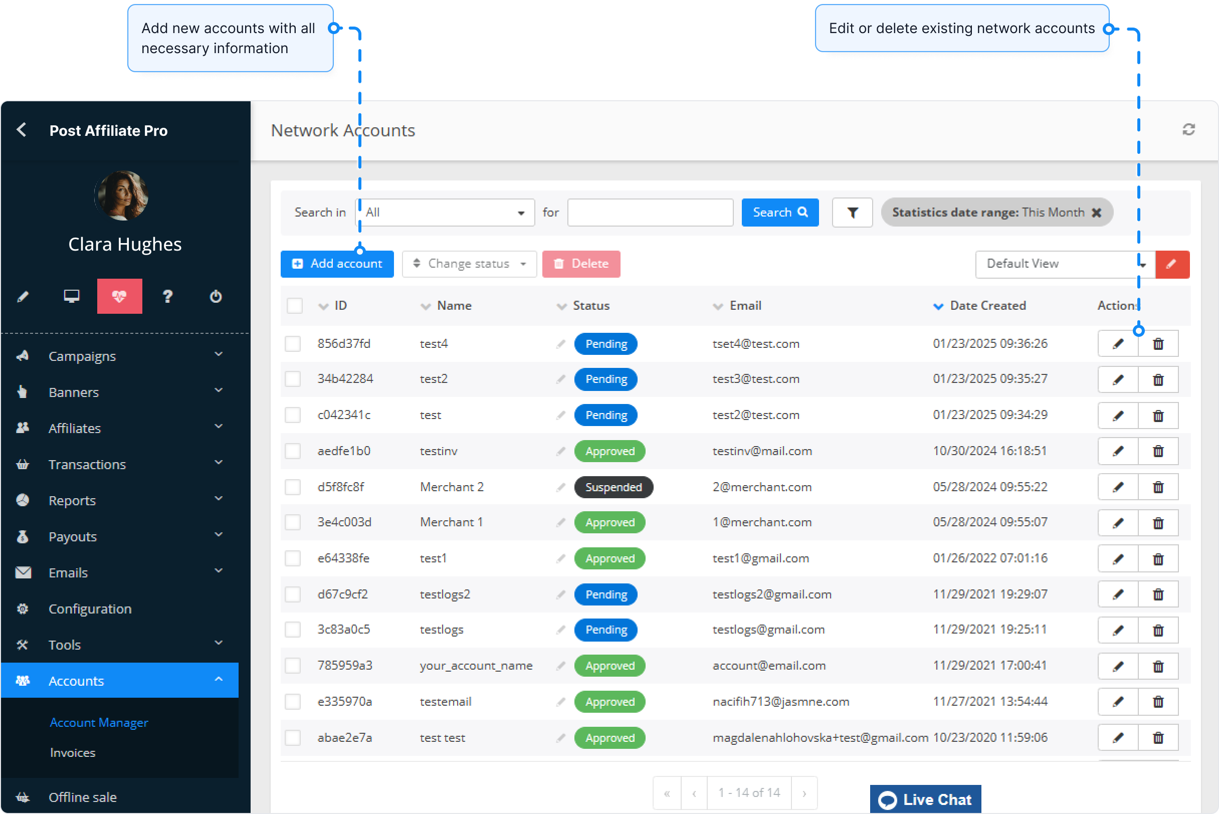 Resumen de la función cuentas de red en Post Affiliate Pro.