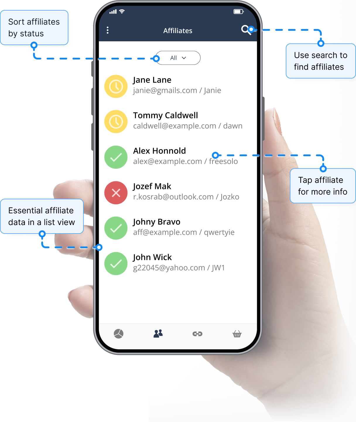 Resumen de la función de gestión de afiliados en la app móvil de Post Affiliate Pro.